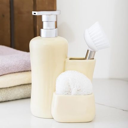 277745 Tezgah Üstü Krem Sıvı Sabunluk Fırçalı Süngerlikli Sabunluk (550ml) 20cm