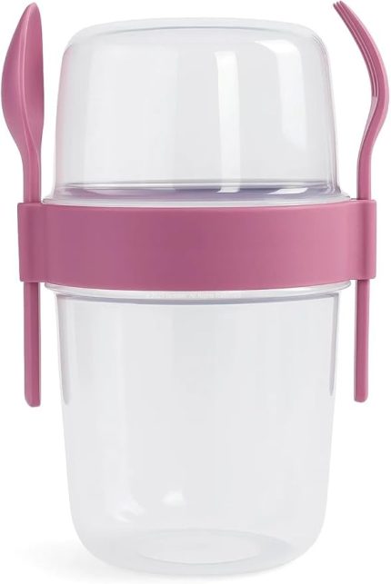 Müsli ve Granola Kapsülü, 1100 ML Sızdırmaz Yoğurt Kabı, Take And Go Kaşıklı Granola Kabı, Pratik ve Taşınabilir Tasarım (Pembe)