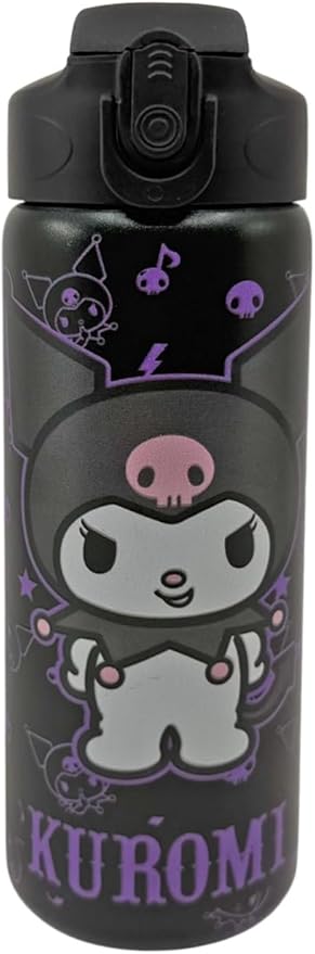 600ml Kuromi Temalı Lisanslı Pipetli Kilitlenebilir Kapak Paslanmaz Çelik Termos Matara (Siyah)