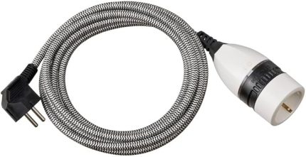 İç mekan için 3 m uzatma kablosu (3 m tekstil kablo, iç mekanda kullanım için, ışıklı açma/kapama şalterli uzatma kablosu) siyah/beyaz