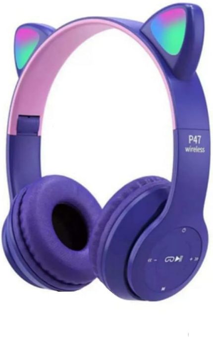 Kablosuz Bluetooth Kulaküstü Rgb Işıklı Lila Kedi Desenli Kulaklık