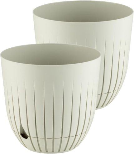 Adet Çizgi Saksı Seti Tabaklı Delikli Plastik Çiçek Saksısı Set (Krem, 5 Litre)