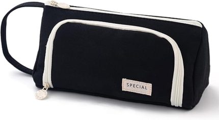 kız çocuk kalem kutusu, büyük kapasiteli, genç, çanta, okul ve ofis için (Krem-siyah)