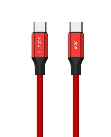 USB C'den USB C'ye 60W, 2.4A, 1m, PD 2.0, Çift Kat Örgülü Hızlı Şarj ve Data Kablosu (Kırmızı, 1 metre)