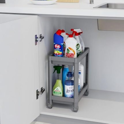 2 Katlı Tekerlekli Tezgah Altı Düzenleyici, Mutfak, Banyo, Ardiye ve Depo için Yer Tasarruflu Depolama Rafı | Kompakt ve Pratik Tasarım (40x36x23cm) (GRİ)