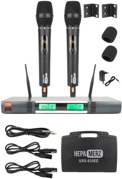 Merz URX-835EE UHF Üst Kalite Çiftli EL Telsiz Kablosuz Mikrofon Seti