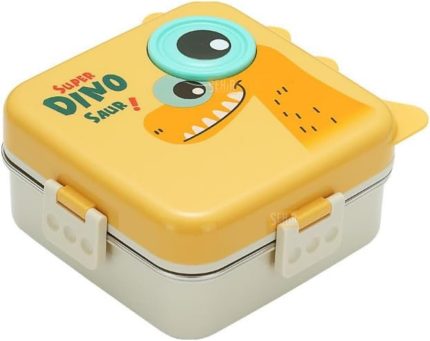 Bento 1120ml Lunchbox Dinozor Desenli Tek Katlı 3 Bölmeli Paslanmaz Çelik Sefer Tası Yemek Kutusu (Turuncu)