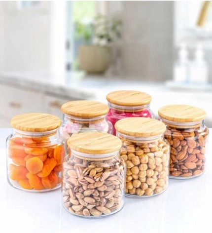 6'lı Cam Saklama Kabı Vakumlu 800ml. Bambu Kapaklı