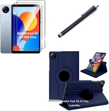 Redmi Pad SE 8.7inç ile uyumlu Kılıf Dönen Tablet Kilifi Ekran Koruyucu+Kalem (RedmiPad SE 11inç Değildir) Lacivert