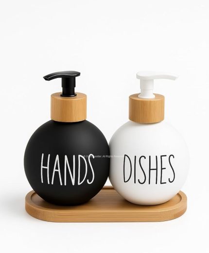 Bulaşık Deterjanlık ve Sabunluk Seti Bambu Tepsili Şık İkili Set Siyah Beyaz Modern Tasarım Kompozit Malzemeli Mutfak Tezgah Üstü Organizer (Bombeli)