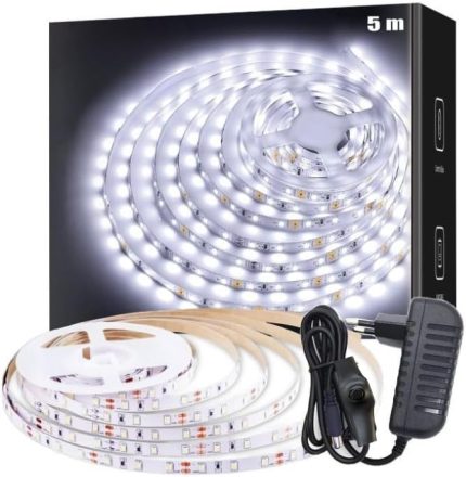 Sb-6501 Şerit Led Işık Aydınlatma Seti Aç/kapa Butonlu, Adaptörlü, Mutfak Tezgah, Çalışma Masası, Dolap ve Raf Işıklandırma, Dekoratif Aydınlatma (Beyaz, 500 Cm)