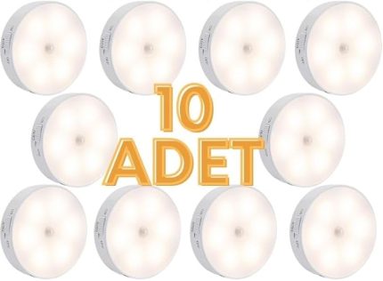 10 Adet Hareket Sensörlü 8 Ledli Usb Şarjlı Beyaz Led Işık On/auto/off Modlu Dolap Içi, Koridor