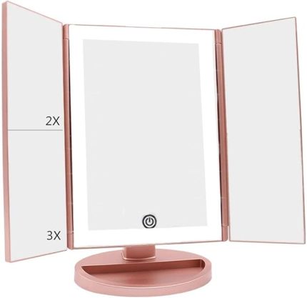 OF MYTH - 1X-2X-3X-10X Büyütmeli 37 LED Işıklı Makyaj Aynası, 3 Panel, Katlanabilir, Dokunmatik Sensörlü (Rose Gold)