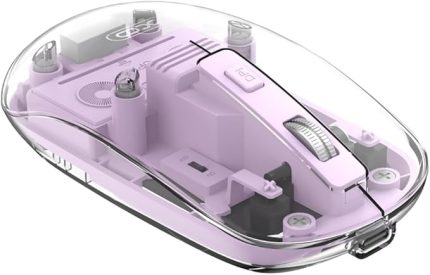 Simple is Beauty Çift Modlu Şeffaf Kablosuz Mouse M12 | Bluetooth 5.0 & 2.4 GHz USB Alıcı | 300 mAh Şarjlı Batarya | Sessiz Tıklama & Ergonomik Tasarım | 65 GR (Mor)
