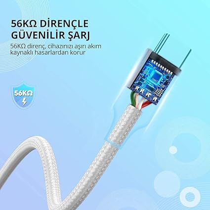 Örgülü USB Type-C Şarj ve Data Kablosu, Beyaz, 25 CM - Görsel 5