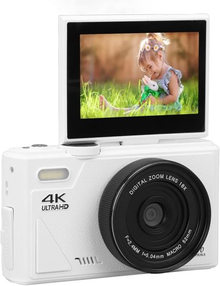 Dijital Kamera, 64 MP UHD 18x Zoom Otomatik Odaklamalı Retro Kompakt Kamera Seyahat Fotoğrafçılığı Için 7,6 Cm (3 inç) Döndürülebilir Ekranlı Dijital Zoom (WHITE)