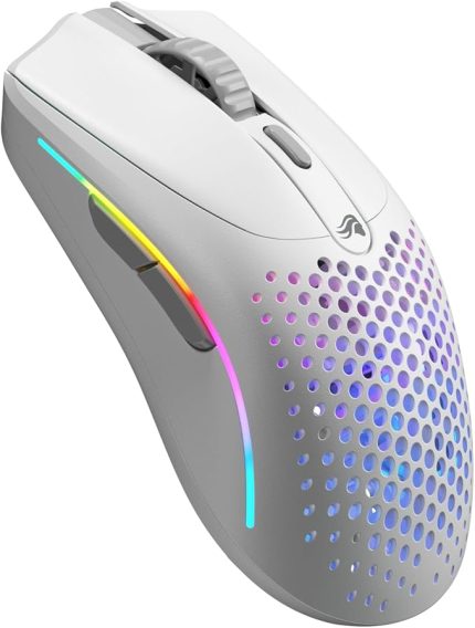 Model O 2 Mini Kablosuz Beyaz Oyuncu Faresi: 57 gram, 210 Saate Kadar Pil Ömrü, Çifte Kablosuz 2.4 GHz ve Bluetooth 5.2, 26K Optik Sensör, 80 Milyon Tıklama, 6 Programlanabilir Düğme,