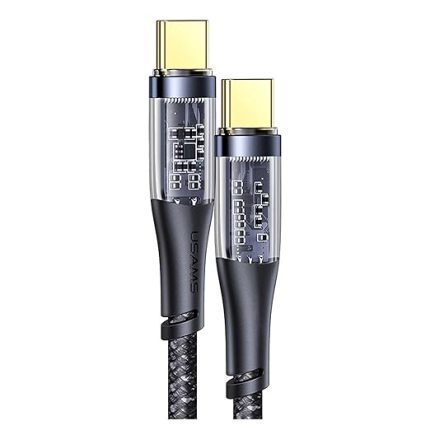 SJ574 Type-C To Type-C PD 100W Şeffaf Çipli Örgülü Hzılı Şarj ve Data Kablosu Siyah