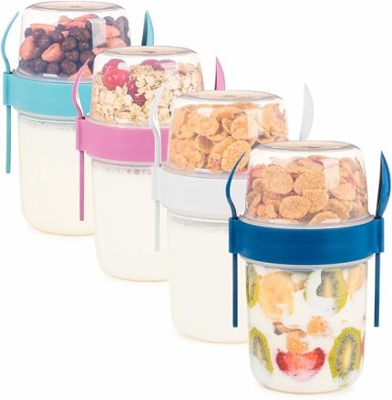ml Take-go Kaşıklı Hazneli Meyveli Müsli Kabı Piknik Iş Yoğurt Süt Bardağı Kapaklı ve Kaşıklı Kahvaltı Bardakları, Tahıl Tepesi Yulaf Ezmesi Granola (4'lü Set)