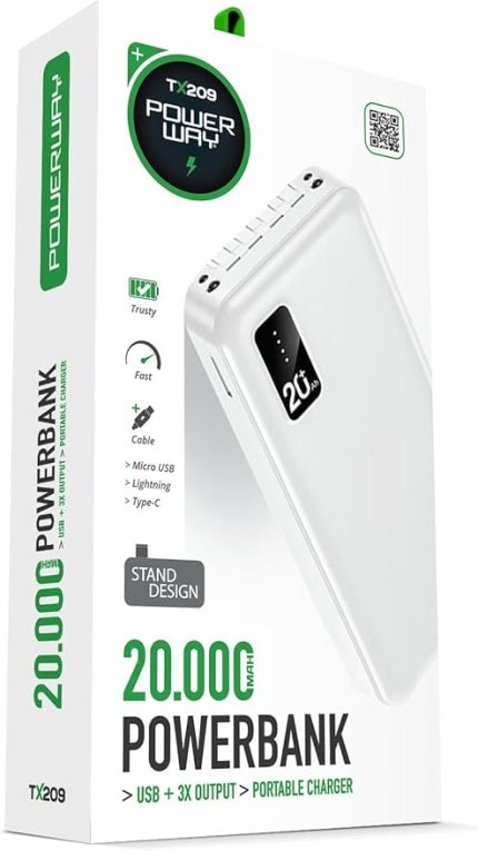 Mah Kablolu Dijital Göstergeli 20.000 Mah Garantili Dahili Stand TX209 Beyaz Powerbank