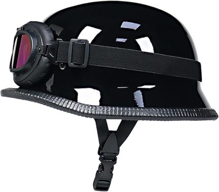 Yarım Kabuk Kask Vintage Alman Tarzı Yarım Kask Açık Yüz Kask Gözlüklü DOT ECE Onaylı Cruiser Chopper Scooter Moped Pilot Kask(Glossy black,M=(57~58cm))