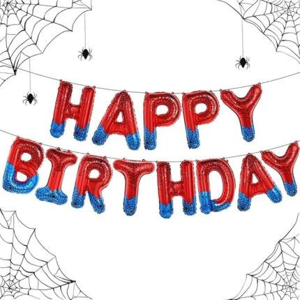 Ağı Desenli Mavi Kırmızı Happy Birthday Folyo Balon Set