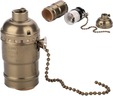 Çekme Zincirli E27 Lamba Tutucu, Çekme Zincirli Alüminyum Vintage Işık Soketi Masa Masa Lambası Aydınlatma Tutucu Vida Tabanı (Bronz)