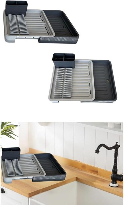 Kapanır Sürgülü Tabaklık Bulaşıklık – Bulaşık Sepeti, Bulaşık Kurutma, Mutfak Düzenleyici (ANTRASİT)