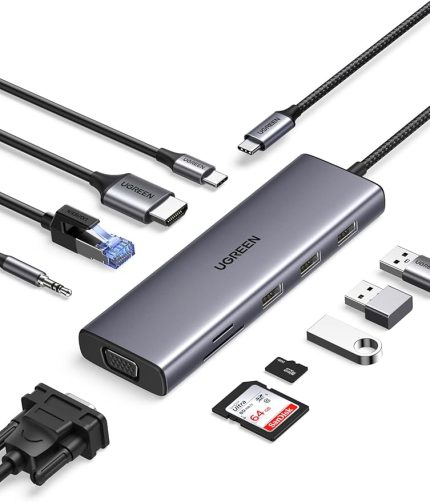 USB C Yerleştirme İstasyonu 10'U 1 ARADA 4K HDMI, VGA, 3 x USB A 3.0, PD 100W, Ethernet, 3,5 mm Ses, SD/TF ile