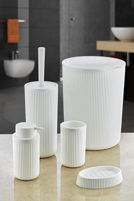 5 Parça Lüx Plastik Banyo Seti 7 Litre Dokunmatik Çöp Kovalı, Antibakteriyel Fırça (Siyah-Gri) (BEYAZ)