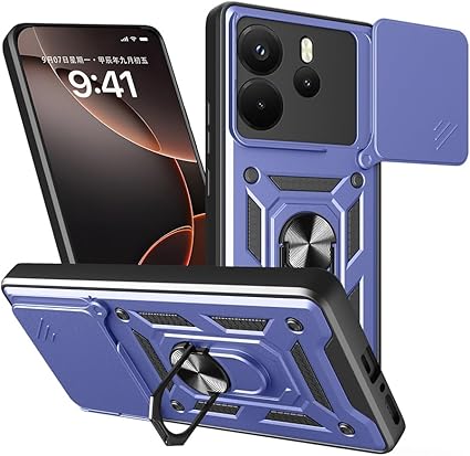 Xiaomi Redmi Note 14 4G ile Uyumlu Kılıf Sürgülü Mavi Panther Yüzüklü Silikon Orijinal (Xiaomi Redmi Note 14 4G ile Uyumlu, Sürgülü Mavi)