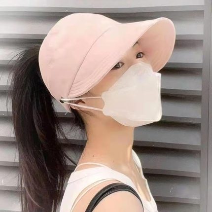 Geniş Vizör Güneş Koruyucu Kadın Şapka Maske Takma Düğmeli Tenis Spor Şapka Pembe
