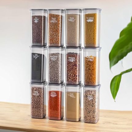 432-Gr 12 li Etiketli Kare Un Erzak Bakliyat Saklama Kabı Takımı 1.90 lt - Gri