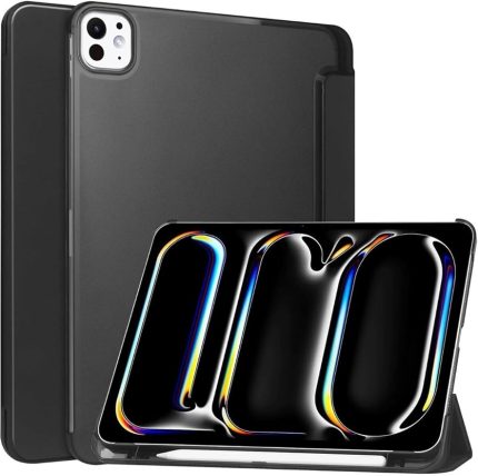 iPad Pro 13inç M4 2024 ile Uyumlu Kılıf PU Deri Smart Kalem Bölmeli Standlı Case A2925 A2926 A3007, Siyah