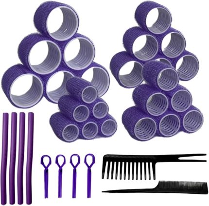1256 Mor - 56 Parça Saç Bigudisi Seti - Tüm Saç Tipleri için Saç Kıvırıcıları, 4 Boy, Klips, Tarak ve Sünger Rulo Dahil, Isısız Bukleler ve Hacimli Stiller için Mükemmel