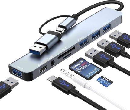 C Hub, 8 in1- USB Hub 3.0 çoklu bağlantı noktalı adaptör, USB 3.0 bağlantı noktası, SD/TF kart okuyucu, USB-C ve 3 x USB 2.0 veri bağlantısı, 3,5 mm kulaklık bağlantısı, MacBook Uyumlu