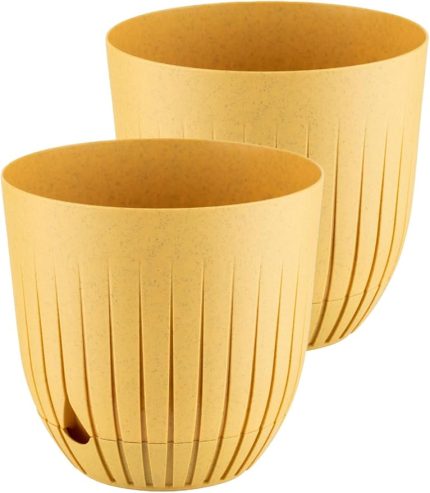 Adet Çizgi Saksı Seti Tabaklı Delikli Plastik Çiçek Saksısı Set (Sarı, 2 Litre)