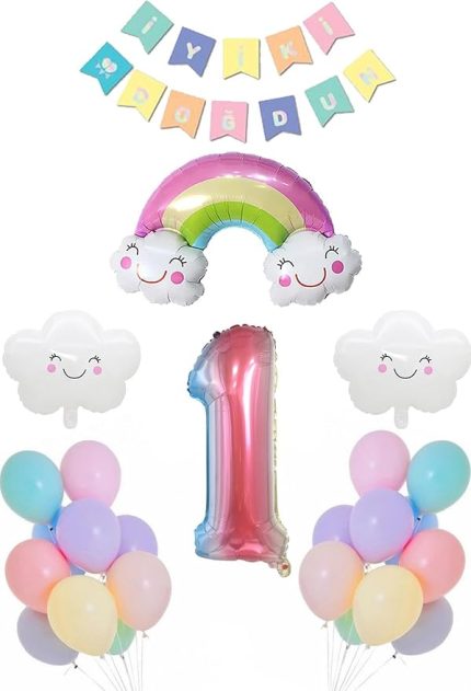 Yaş Gökkuşağı Bulut Konsepti Doğum Günü Parti Kutlama Seti