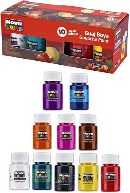 Boya 10 Renk 30 ml 1 Paket Nova Color Guaj Boya Seti 10 lu Su Bazlı Şişe Canlı Renkler Resim Okul