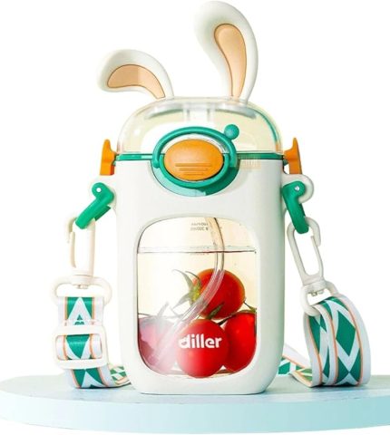 400ml Sevimli Tavşanlar Kulaklı Askılı Pipetli Tritan Çocuk Su Matarası (Beyaz)