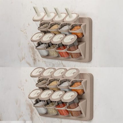 1116 Standlı Kaydırmalı Kaşıklı 360° Döner Kapaklı Etiketli Baharatlık Seti - Erzak Saklama Kabı Cappuccino