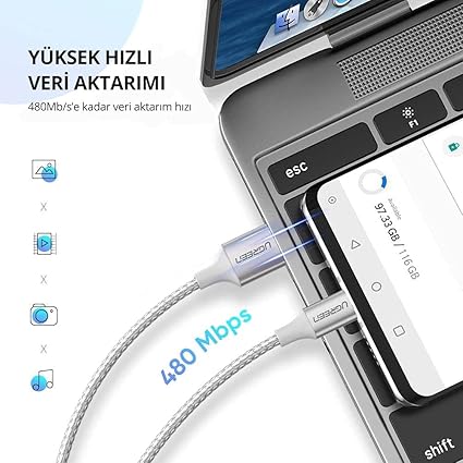 Örgülü USB Type-C Şarj ve Data Kablosu, Beyaz, 25 CM - Görsel 3