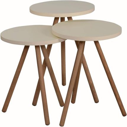 Renkli Üçlü Zigon Sehpa Ahşap Ayaklı Yuvarlak Pastel Tasarım Krem