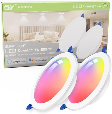 Led Gömme Spot Lamba, 230V 7W 500 lümen, Dokunmatik Anahtar, Akıllı Kısılabilir İç Mekan Tavan spotla, Alexa/Google Home ile Uyumlu, RGB Sarı Işık/Soğuk Beyaz ve Çok Renkli Gömme spotları 2 Adet