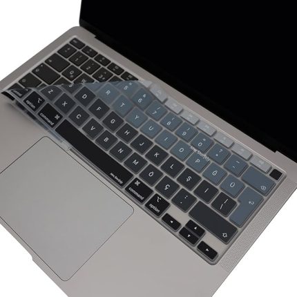 MacBook Klavye Koruyucu Ultra İnce TÜRKÇE Q BASKILI UK-TERS L- Enter Tipi Air M1 13inç A2337,A2179 Touch id Uyumlu, Kaymaz Yıkanabilir Siyah Gri