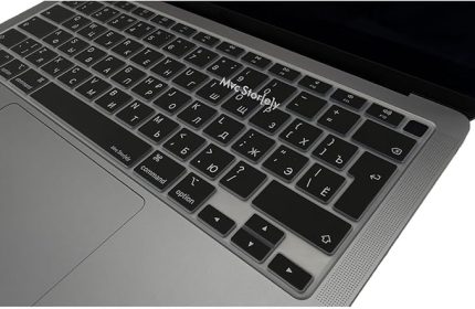 MacBook Klavye Koruyucu İnce Silikon RUSÇA STİCKER BASKILI UK-Ters L Enter Tipi Air M1 13inç A2337,A2179 Touch id Uyumlu, Kaymaz Yıkanabilir Siyah