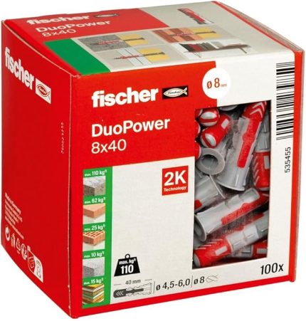DuoPower 8 x 40, evrensel dübel, güçlü 2 bileşenli dübel, beton, tuğla, taş, alçı yapı plakaları vb. sabitlemek için plastik dübel, vidasız, 100 adet