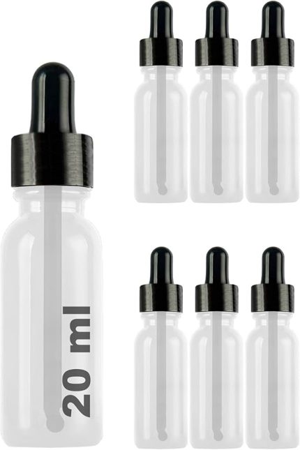 20 ml Metal Kapaklı Damlalık Dropper Şişesi Serum 20 cc Cam Şişe 6 Adet (Siyah Kapak, Şeffaf)
