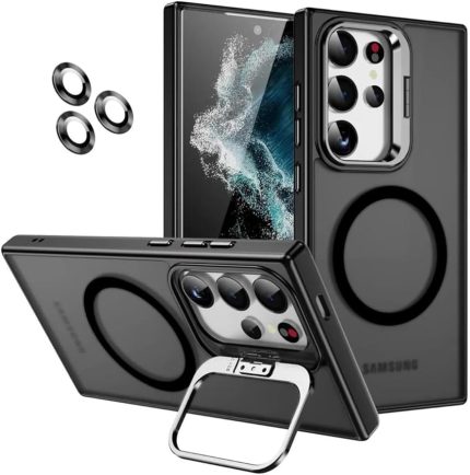 Samsung için Kılıf Kamera Korumalı Magsafe Wireless Şarj Özellikli Mat Şeffaf Renkli Standlı Kılıf (Lens Hediyeli) (Siyah, S23 Ultra)
