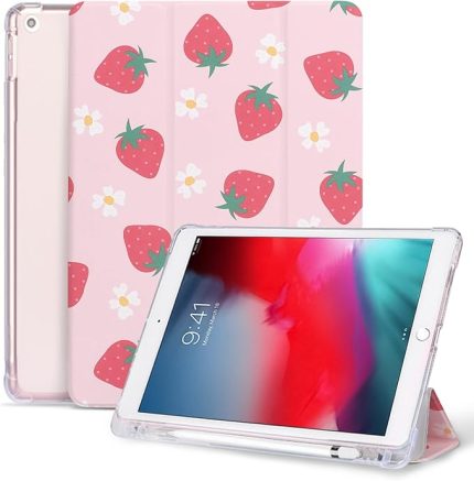 10.2 inç iPad 9./8./7. Nesil Kılıf, Kalem Tutuculu, Çilek Baskılı Üç Katlı Stand Koruyucu iPad Kılıfı 2021/2020/2019 için Otomatik Uyku Uyandırma ile, Pembe